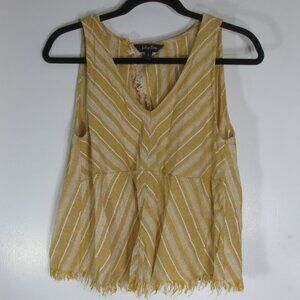 Indigo Rein Top Mustard Yellow White Linen Blend Open Back Raw Hem Fringe Size L